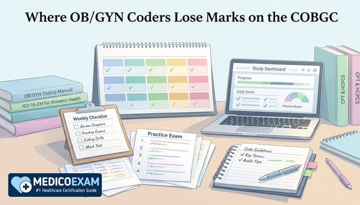 Cover for the COBGC exam guide with an illustrated coder's study desk