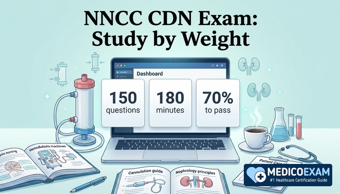 Laptop dashboard showing CDN exam questions, time limit and passing score