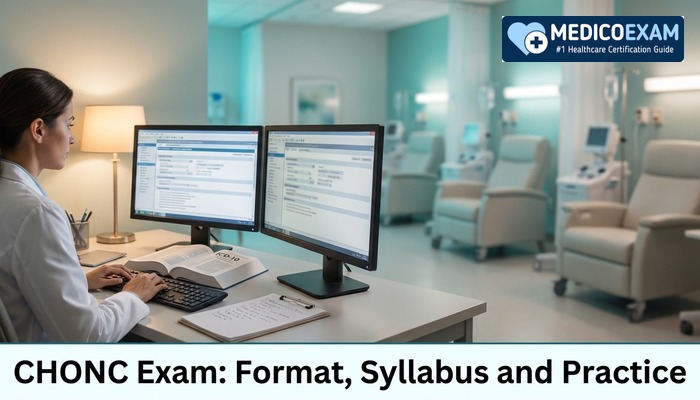 Medical coder at a desk in an oncology clinic office preparing for the CHONC exam