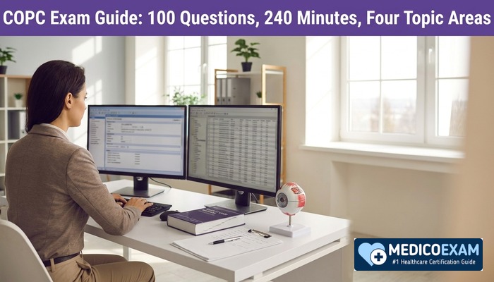 Medical coder at a desk with a code book and an eye model while preparing for the COPC exam
