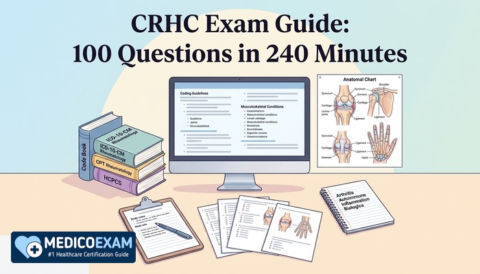 Medical coder at a desk with code books preparing for the CRHC exam