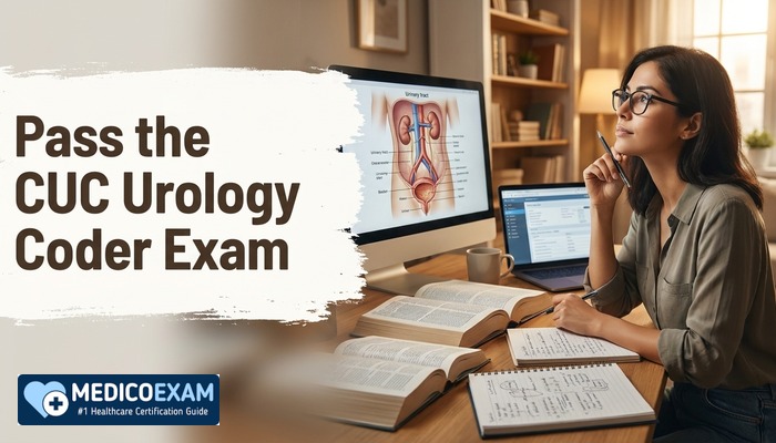 Medical coder reviewing urology coding documents for the CUC exam