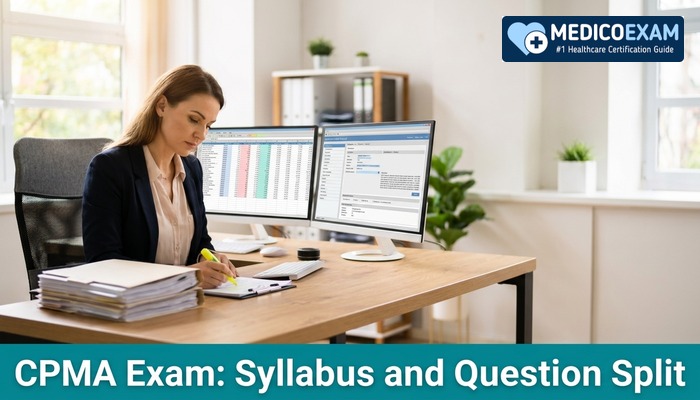Medical record auditor reviewing documents at a desk while preparing for the CPMA exam