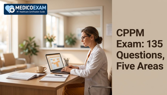 Physician practice manager at a desk with a laptop and binder while preparing for the CPPM exam