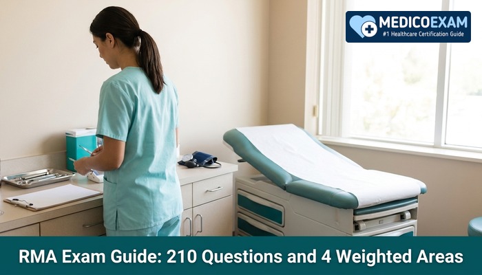 Medical assistant preparing an examination room while studying for the RMA exam