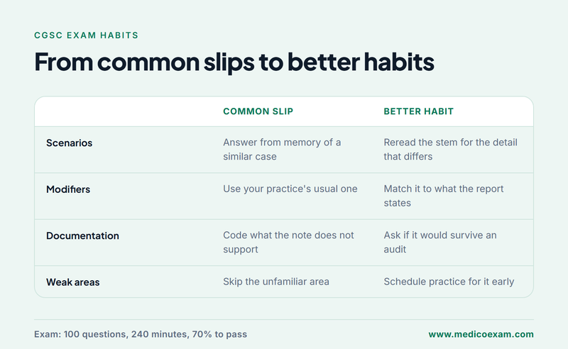 CGSC exam habits compared, common slips beside better habits