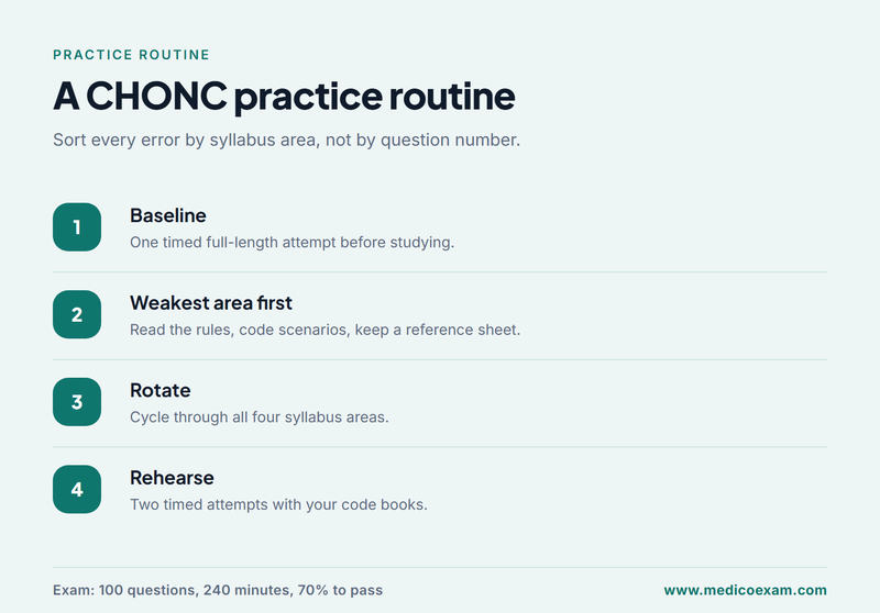 CHONC practice routine from a baseline exam to two timed full-length attempts