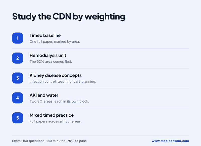 Five-stage CDN study order from a timed baseline to mixed timed practice