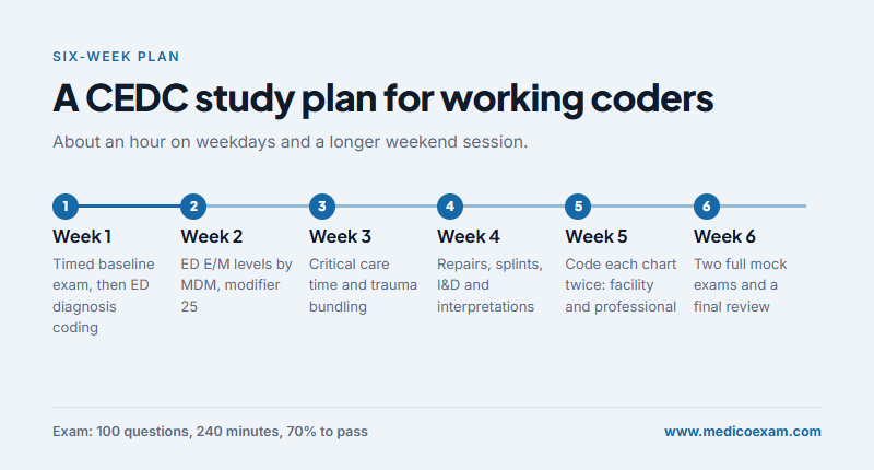 Six-week CEDC study plan from a baseline practice exam to two full mock exams