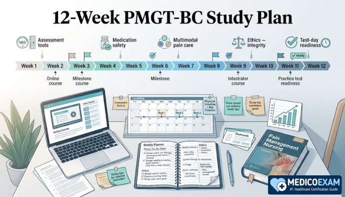 12-week PMGT-BC study plan with laptop, calendar, nursing study notes, flashcards, and practice test graph