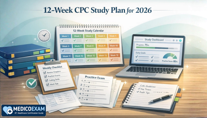 12-week CPC study plan visual with coding books, weekly calendar, laptop dashboard, and organized exam prep materials.