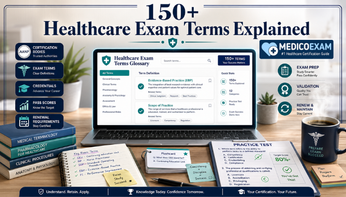 Healthcare exam terms glossary displayed on laptop with study notes flashcards and practice tests