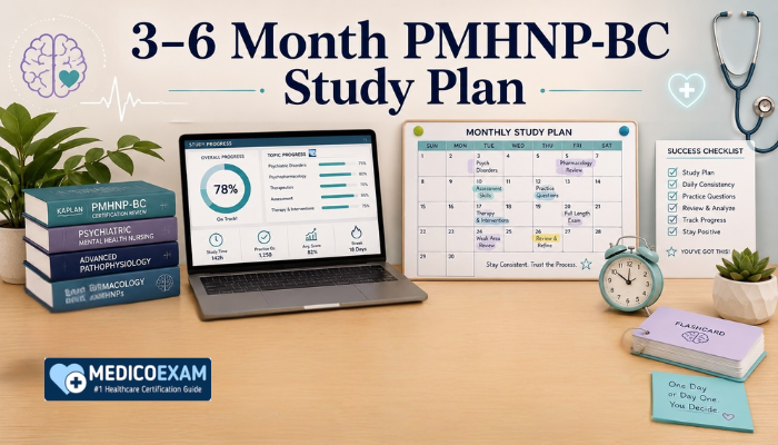 PMHNP-BC study plan image with laptop, calendar, notes, flashcards, and practice test materials in a bright study workspace.