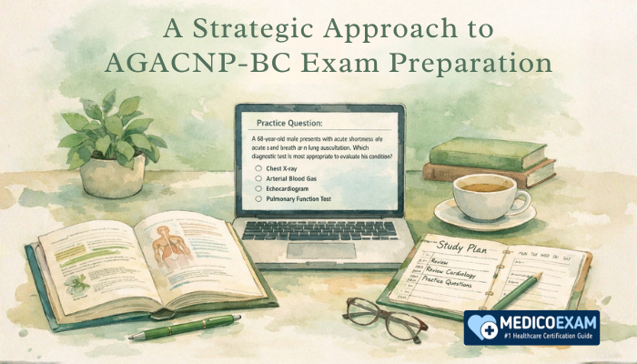 Study workspace with laptop practice questions and books illustrating a strategic approach to AGACNP-BC exam preparation.