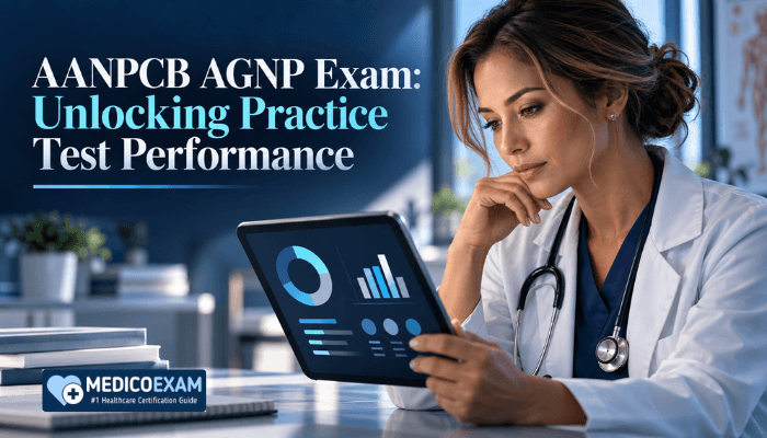 An adult female nurse practitioner carefully examines an AANPCB AGNP practice test performance dashboard on a tablet, showcasing data analytics for exam preparation.