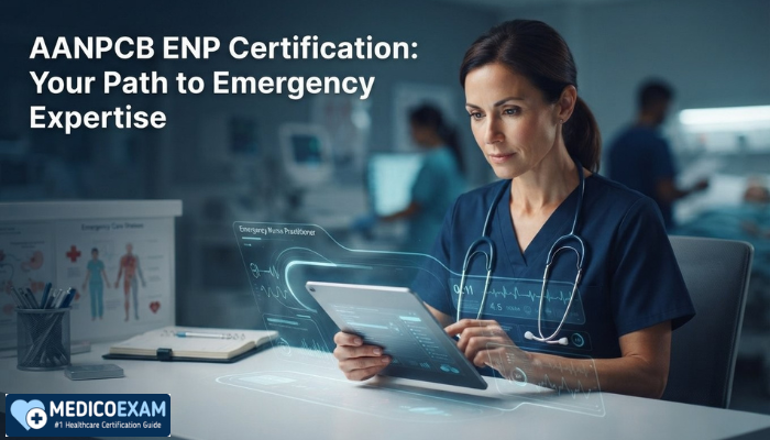 An emergency nurse practitioner, focused and professional, reviewing patient data on a tablet in a modern emergency room, representing AANPCB ENP certification. The image highlights dedication in emergency care.