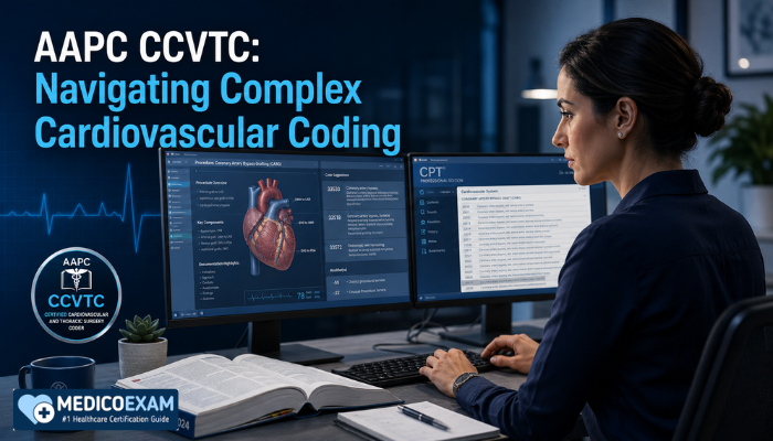 A female medical coder expertly working on a computer with coding manuals open, focusing on intricate cardiovascular coding procedures for the CCVTC certification.