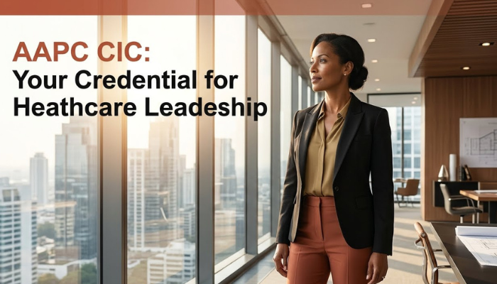 A confident adult woman, symbolizing a leader with AAPC CIC, stands in a modern office, gazing at a city skyline, representing career progression and professional achievement.