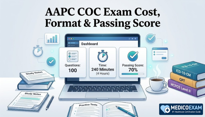 AAPC COC exam format showing 100 questions, 240 minutes, 70 percent passing score, coding books, practice tests, and laptop study dashboard. 