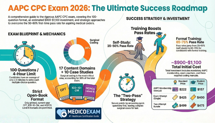 Infographic showing a roadmap to pass the AAPC CPC Exam 2026, including exam format, content breakdown, pass rates, study strategies, and total costs, with colorful icons and charts.