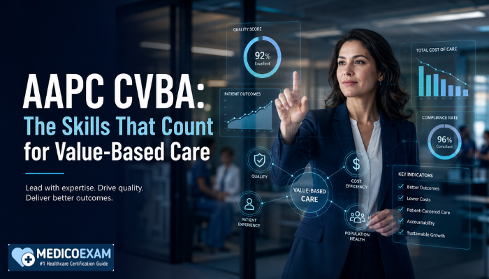 A professional woman confidently interacting with a holographic display showing value-based care data, representing the skills validated by the AAPC CVBA certification.