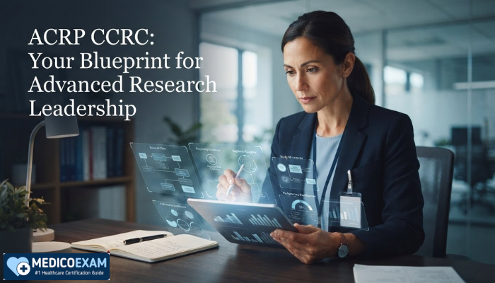 An adult woman, a Clinical Research Coordinator, intently reviewing clinical trial data on a tablet with digital overlays of research flowcharts, symbolizing strategic leadership for the ACRP CCRC certification.