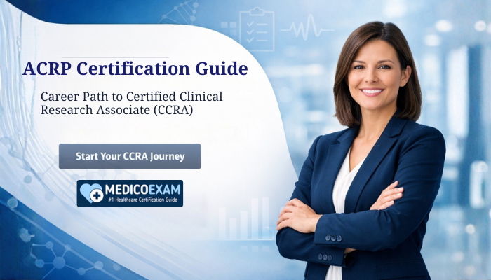 ACRP Certification Guide banner showing a confident clinical research professional with the text “Career Path to Certified Clinical Research Associate (CCRA)” and a call-to-action button to start the CCRA journey, representing career growth in clinical research.