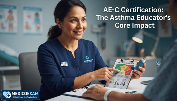 An NBRC AE-C certified asthma educator compassionately explains an asthma action plan to a patient, emphasizing personalized care. The image highlights the direct impact of AE-C certification on patient education.
