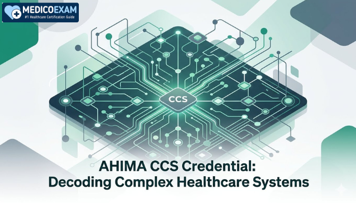 An abstract isometric illustration of interconnected data pathways and glowing nodes, symbolizing the complex healthcare systems that an AHIMA CCS professional navigates and decodes. Focus on data flow and interpretation.