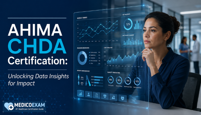 A focused health data analyst, an adult woman, analyzes complex healthcare data visualizations on a transparent screen, representing the strategic insights gained from AHIMA CHDA certification.
