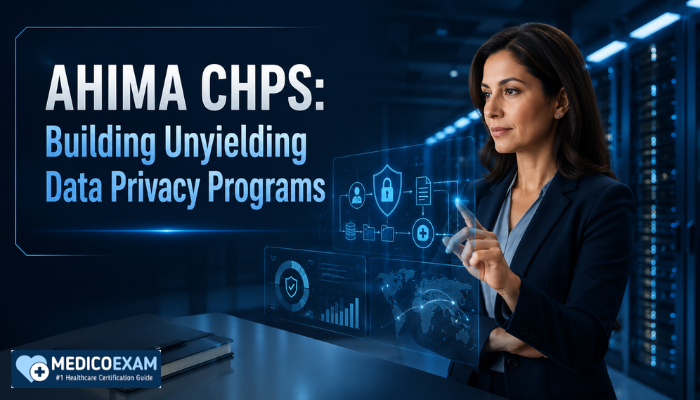 An adult woman, a CHPS-certified professional, stands in a secure data center reviewing holographic data. The image highlights the strategic aspect of building robust healthcare privacy programs.