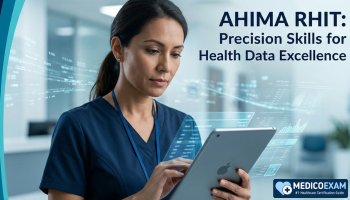 An RHIT professional, a focused woman, meticulously reviews digital health records, symbolizing precision in AHIMA RHIT certified health information management.