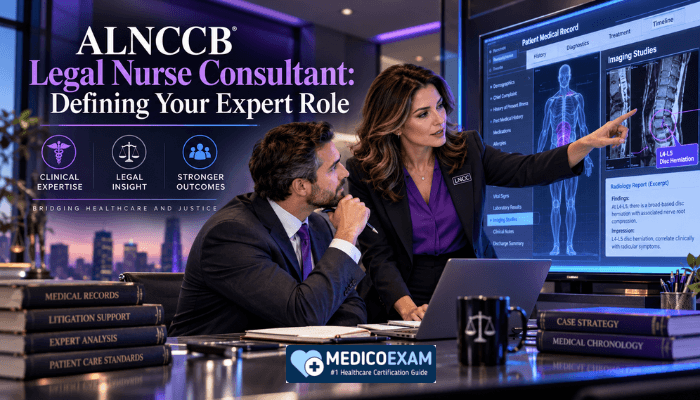 A Legal Nurse Consultant collaborating with an attorney in a modern office, highlighting the expert role of an ALNCCB LNCC professional.