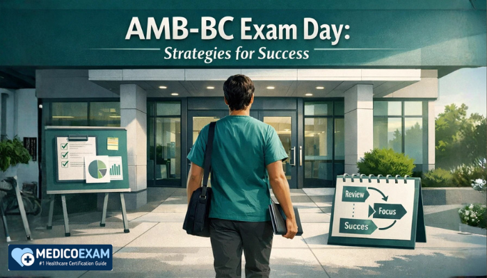 A composed candidate confidently walking towards a modern testing center, symbolizing readiness and success strategies for the AMB-BC exam day.