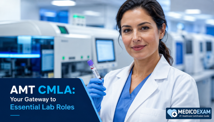 A woman in a lab coat confidently holds a specimen tube in a modern medical laboratory, symbolizing the professional role validated by the AMT CMLA certification.