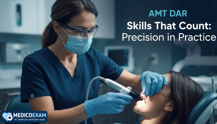 A female dental assistant carefully positions a dental X-ray sensor for the AMT DAR exam, highlighting precision and patient care in a modern clinic.