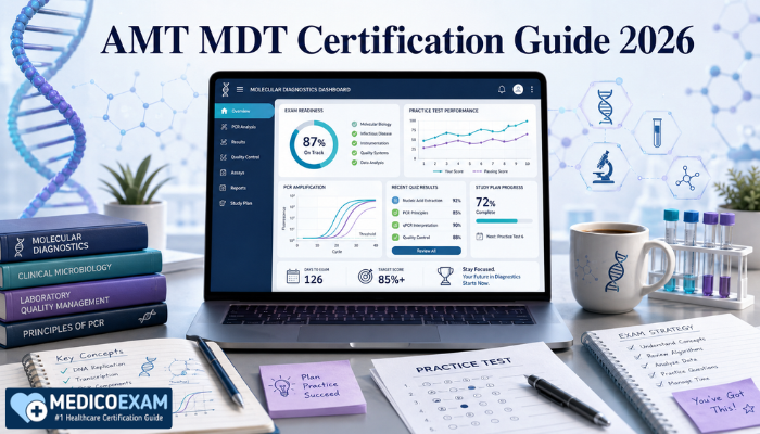 AMT MDT certification guide 2026 with molecular diagnostics study materials and laptop practice exam dashboard