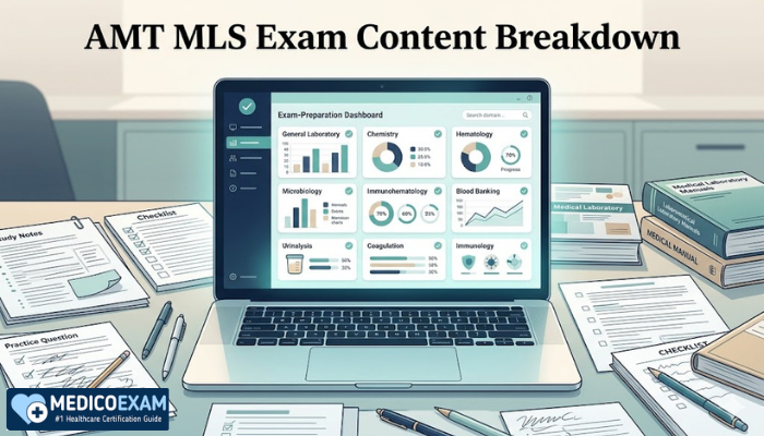 AMT MLS exam content breakdown displayed on a laptop with study notes, charts, and practice materials.