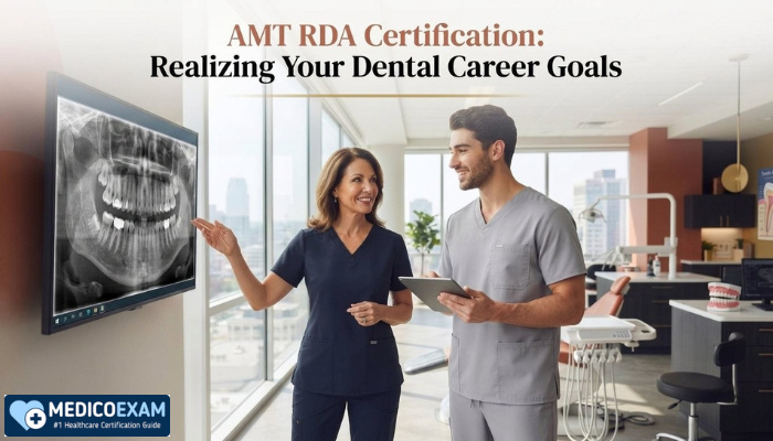 Two dental professionals collaborate in a modern office, symbolizing career growth and mentorship after achieving the AMT RDA certification.