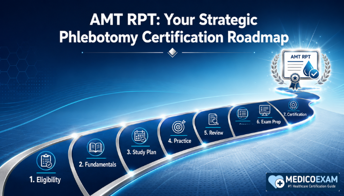 A stylized, illuminated 7-phase roadmap guiding towards an AMT RPT certification icon, set against a deep navy and cyan backdrop. It visually represents the structured path to becoming an AMT Registered Phlebotomy Technician.