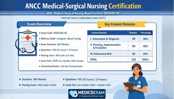 ANCC MEDSURG-BC certification exam overview with content domains and exam details