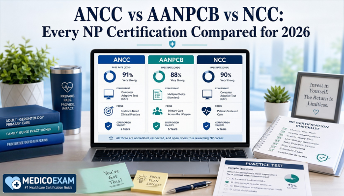 ANCC vs AANPCB vs NCC nurse practitioner certification comparison image with laptop, study notes, and exam comparison dashboard for 2026.