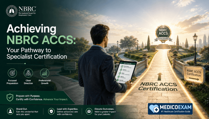 A determined man stands at a clear illuminated pathway labeled "NBRC ACCS Certification," holding a tablet with a study plan, symbolizing a clear path to specialist achievement.