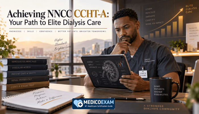 A focused male professional preparing for the NNCC CCHT-A exam, reviewing advanced medical diagrams on a tablet, symbolizing dedication and the path to elite dialysis care.