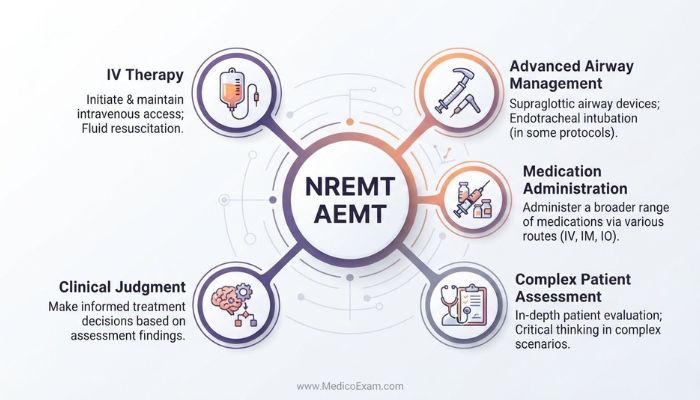 Infographic showcasing the advanced skills and responsibilities of an NREMT AEMT, including IV therapy, advanced airway management, and clinical judgment, presented in a radial map format.