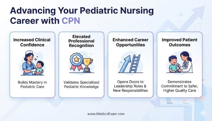 Infographic illustrating the career advancement benefits of PNCB CPN certification, including increased confidence, professional recognition, and improved patient outcomes.