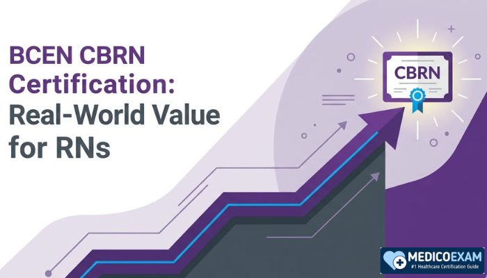 A clean conceptual infographic illustrates an upward career trajectory, with the BCEN CBRN certification symbol prominently at its peak, signifying professional growth and increased value for registered nurses.