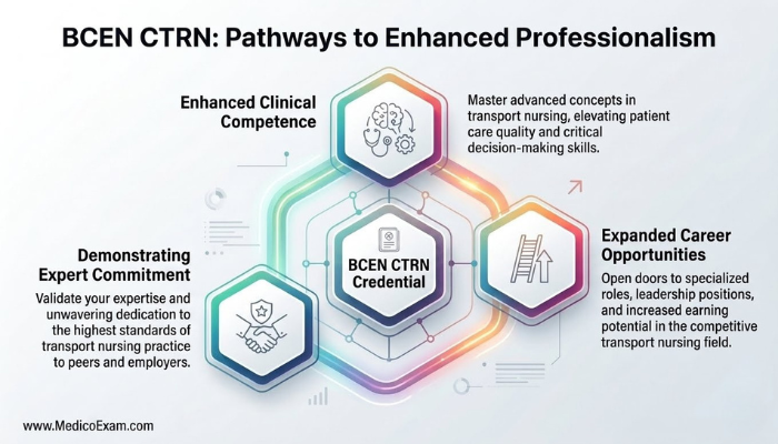 A conceptual infographic illustrating how BCEN CTRN certification leads to enhanced clinical competence, expanded career opportunities, and demonstrates expert commitment through interconnected visual elements, highlighting professional growth.