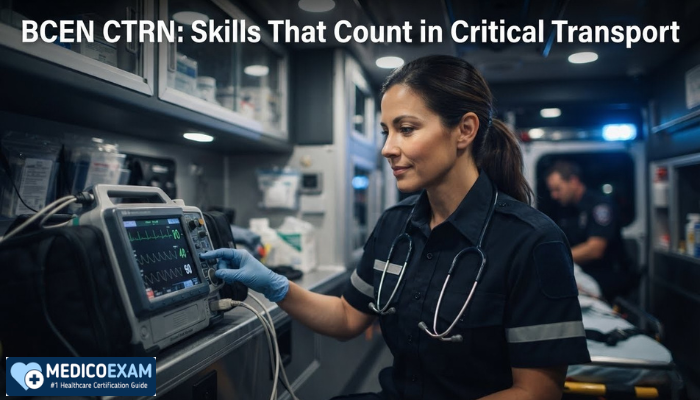 An adult female nurse in a critical care transport uniform intently reviewing patient vitals on a monitor inside a modern ambulance, reflecting the demanding environment of BCEN CTRN certified professionals.