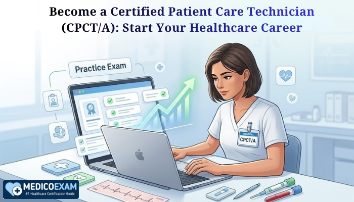 Certified Patient Care Technician exam preparation scene with student, laptop, medical notes, and healthcare career visuals
